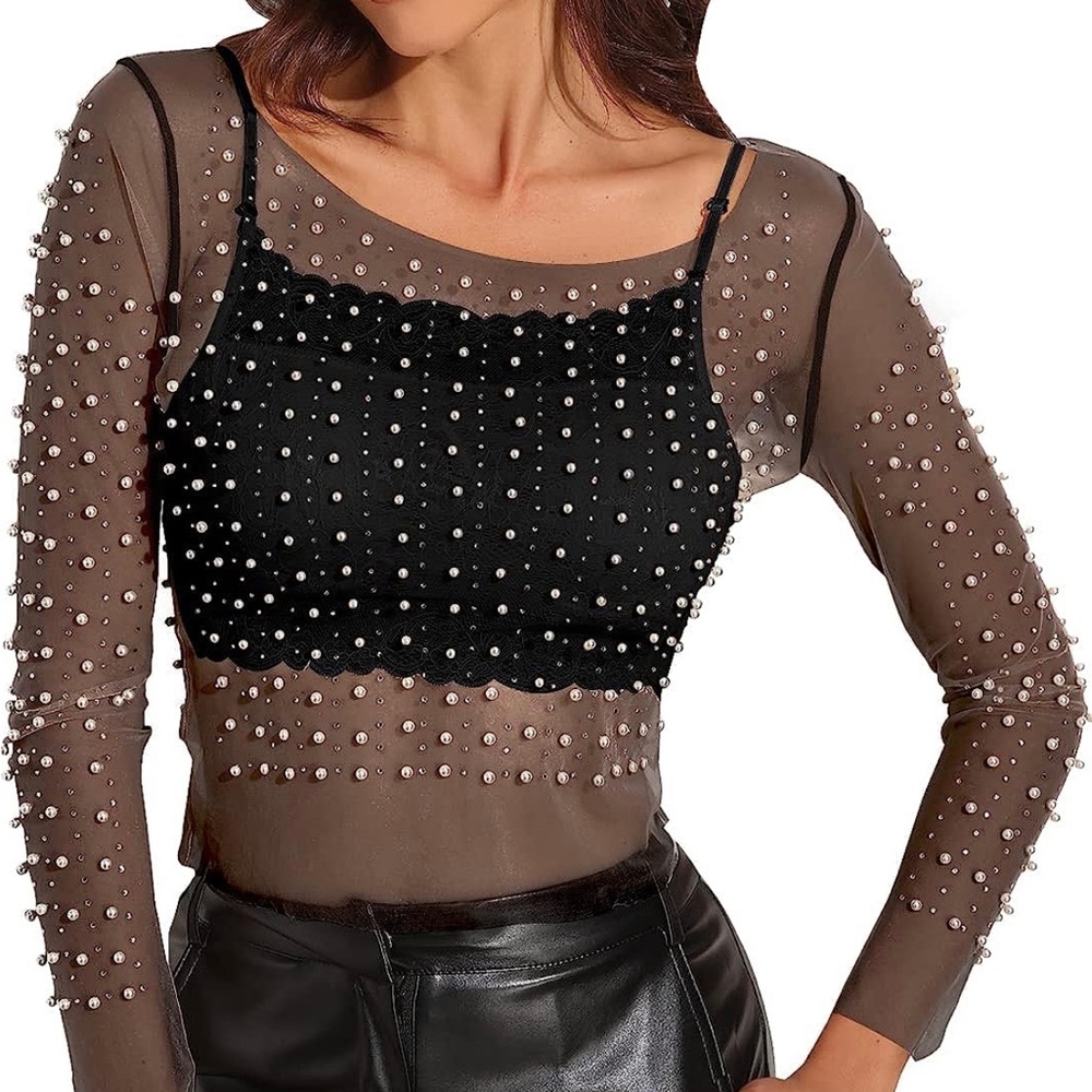 NWOT Beaded Mesh Black Shirt XL